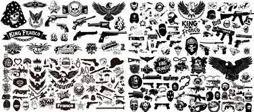 Military Arsenal: An array of monochrome illustrations depicting weaponry and emblems, capturing the essence of military and law enforcement iconography.