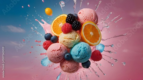 Colorful Ice Cream Art with Fruit and Splashes – Futuristic Dessert Design