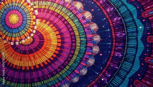 Repeating circular motif with radial lines, vibrant colors , background, geometric, artistic