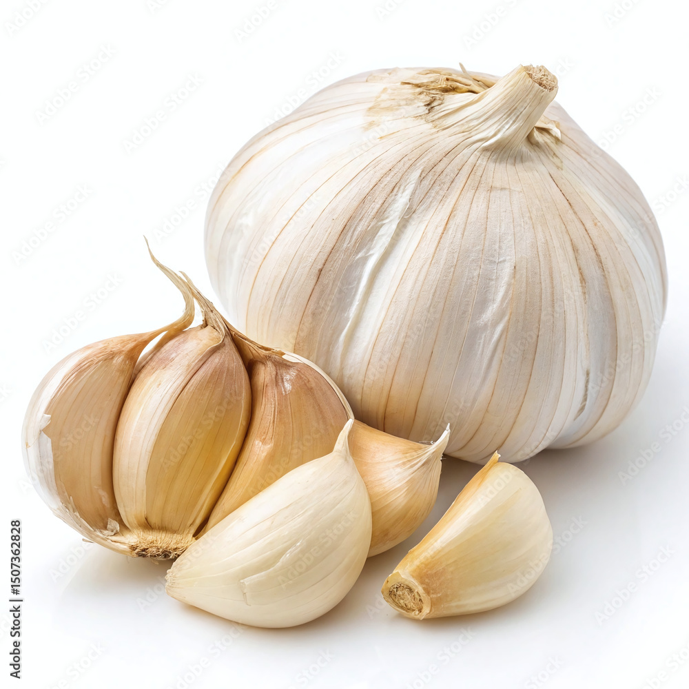 Obraz premium Whole Garlic Bulb with Cloves on White Background