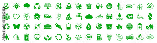 Ecology icons set. Nature, environment, carbon neutral. Eco green signs, recycle symbols