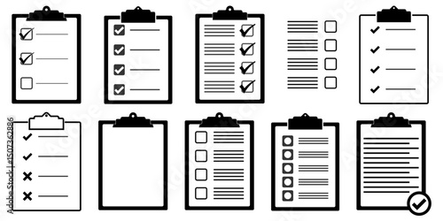 Set of Checklist on Clipboard with Tick Marks Task Management and To-Do List Vector Illustration