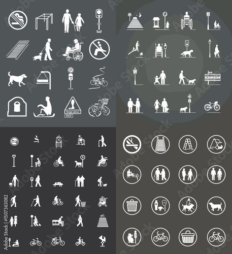 Public Park Pictograms: A comprehensive collection of pictograms depicting various activities and regulations within a public park setting, ideal for signage and wayfinding.