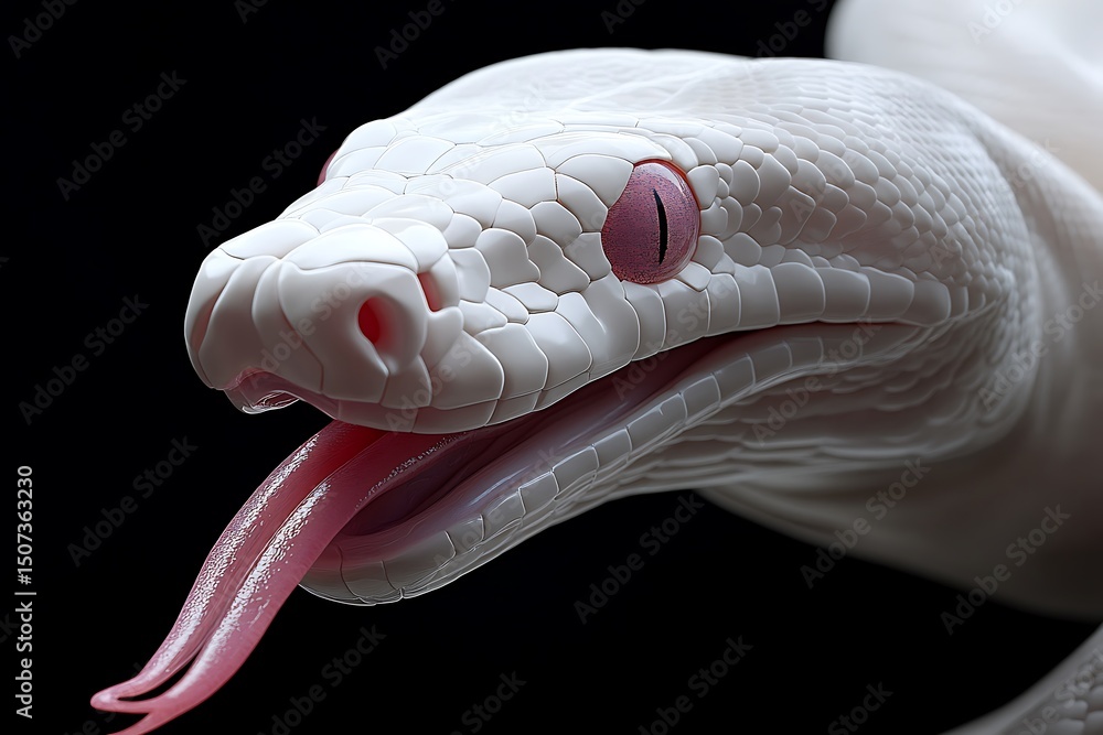 Fototapeta premium An albino snake strikes out its tongue, its pink eyes staring intently on black background