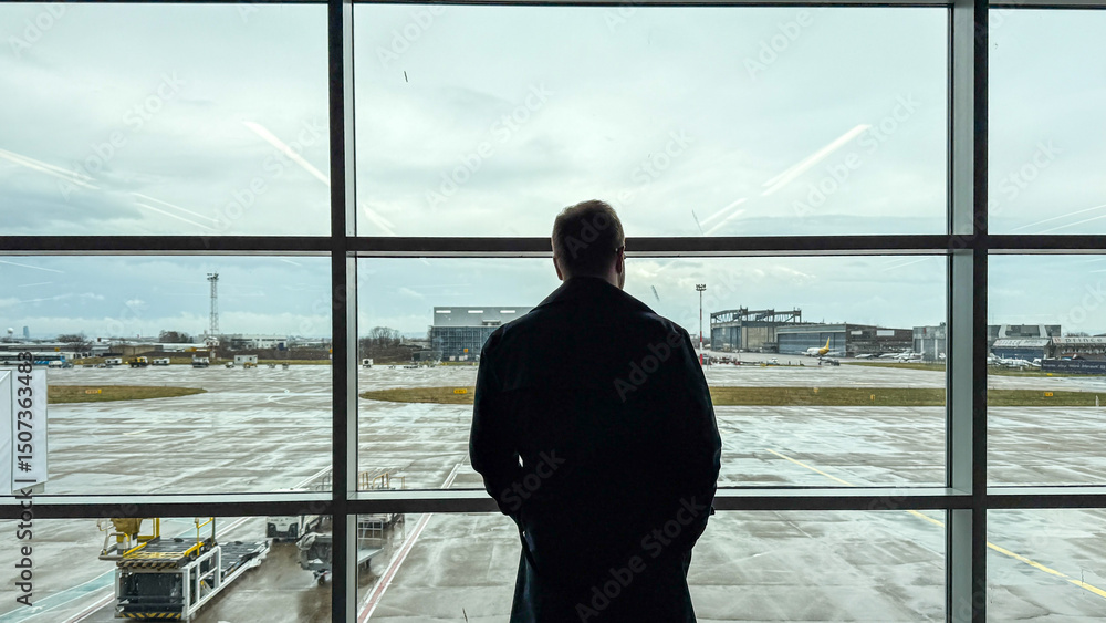 Fototapeta premium Solitary silhouette of a contemplative Caucasian man gazing at rain-drenched tarmac, evoking Samhain's introspective journey or melancholy transit