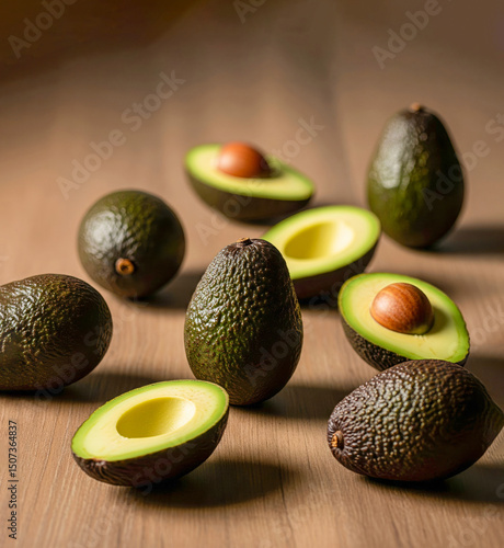 Avocado Slices and Full Fruits on a Wooden Surface