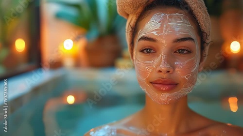 Woman Spa Face Mask Hot Tub.