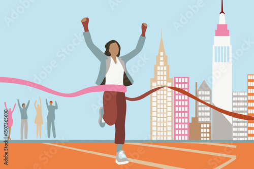 Woman wins race crossing finish line in city. Triumph, competition concept.
