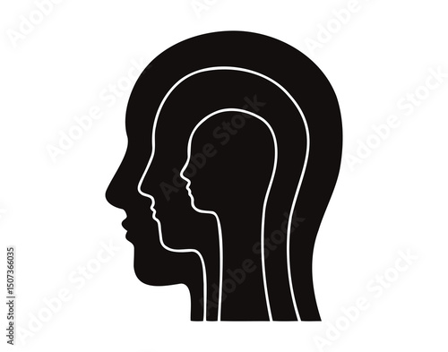 Human mind 3 personality parts. Three parts in head silhouette with three layered profile. conscious, subconscious, and unconscious mind concept