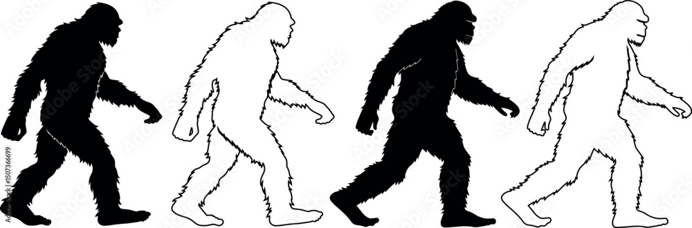 Fototapeta premium Silhouettes and outlines of walking ape evolution concept, black and white sketch vector representing evolution from ape to human transition