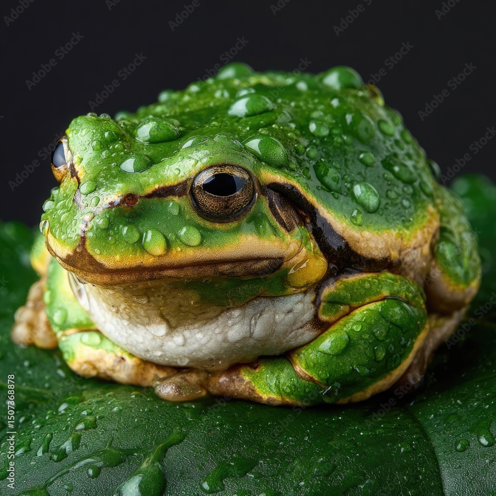 Obraz premium Close-Up of Wet Green Frog Sitting on Leaf with Water Droplets