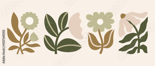 Vintage boho flowers vector illustrations set. Neutral colors minimalist floral plants clipart