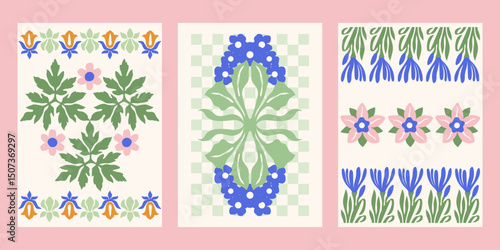 Art Nouveau style vector posters set. Vintage print designs with flowers, abstract florals compositions, checkered background