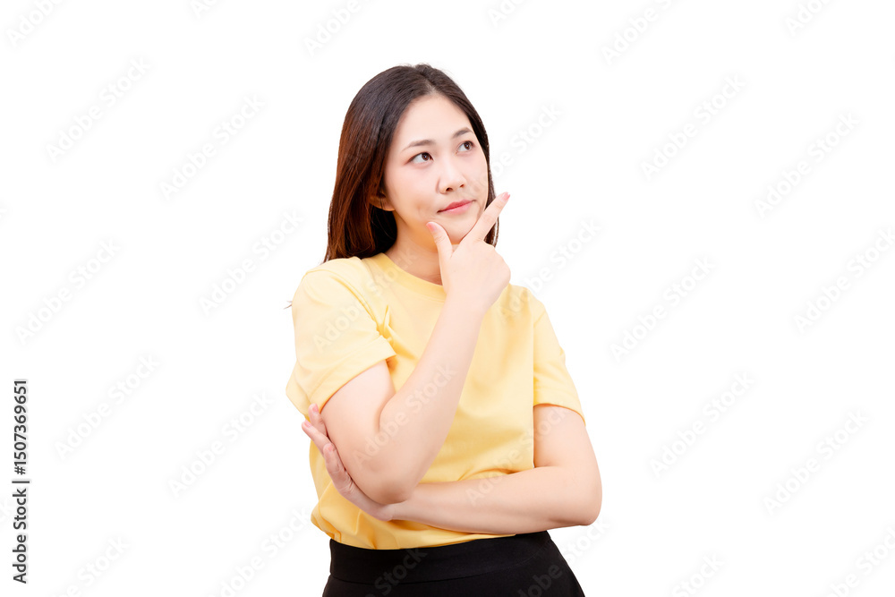 Asian young beautiful in a yellow shirt stands with one hand on her chin, appearing thoughtful and contemplative. Asian young beautiful in a yellow shirt stands with one hand on her chin, appearing thoughtful and contemplative.