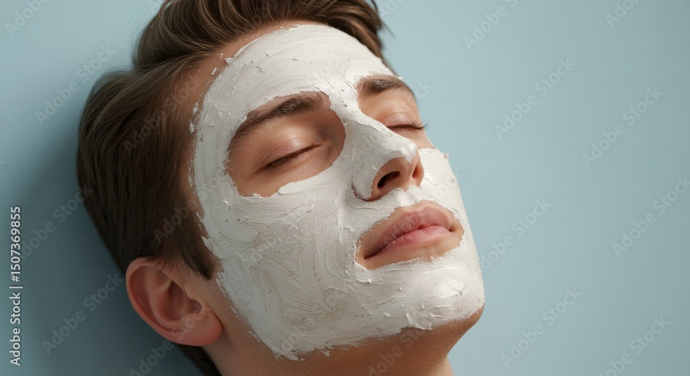 Fototapeta premium A relaxed young man with a white facial mask enjoying a spa day and skincare routine.