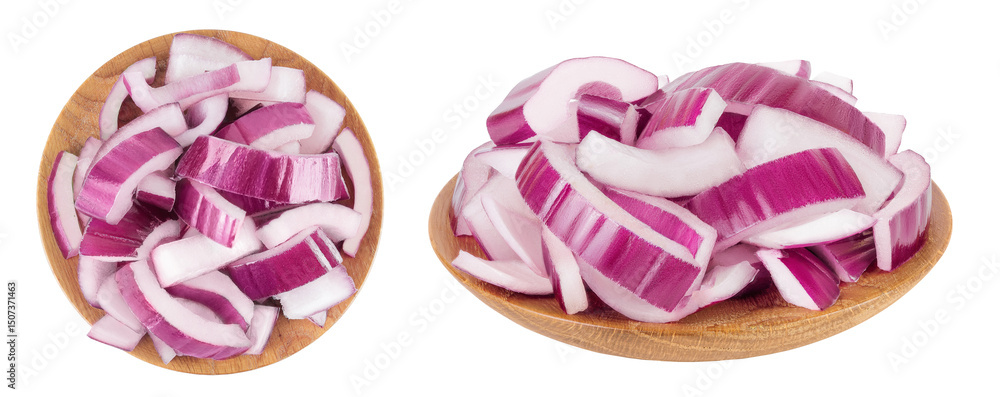 Fototapeta premium Red onion slices in wooden bowl isolated on a white background. Top view. Flat lay