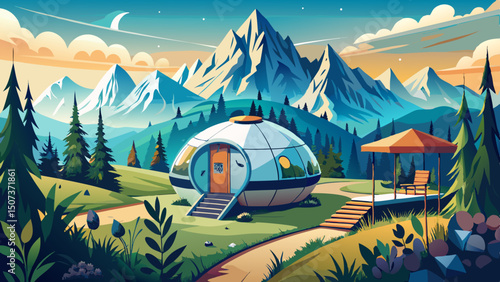 An eco-friendly pod sits peacefully in nature, framed by a breathtaking mountain skyline under a clear sky, offering a sustainable escape that harmonizes with its serene surroundings.