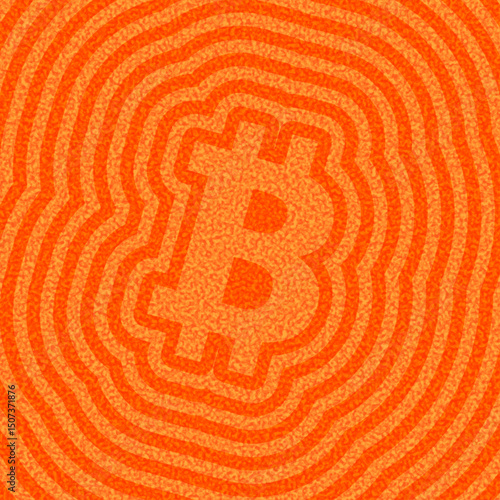 Vector illustration of an orange bitcoin icon embedded in textured concentric ripple lines with a bold financial design.