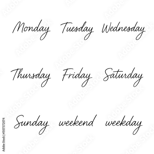 Handwritten days of the week and weekend labels on white background 