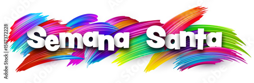 Spanish phrase meaning Holy Week in bold white letters over vibrant multicolor vector brush strokes
