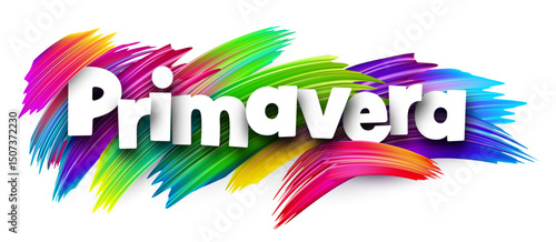 Spanish word meaning spring season in bold white letters over vibrant multicolor vector brush strokes