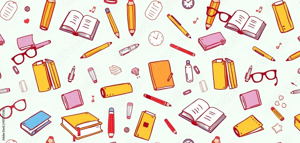 Hand-drawn seamless pattern of books, pencils, glasses, and other education symbols A charming doodle design perfect for educational settings, seamless pattern, vintage Hand-drawn seamless pattern of books, pencils, glasses, and other education symbols A charming doodle design perfect for educational settings, seamless pattern, vintage