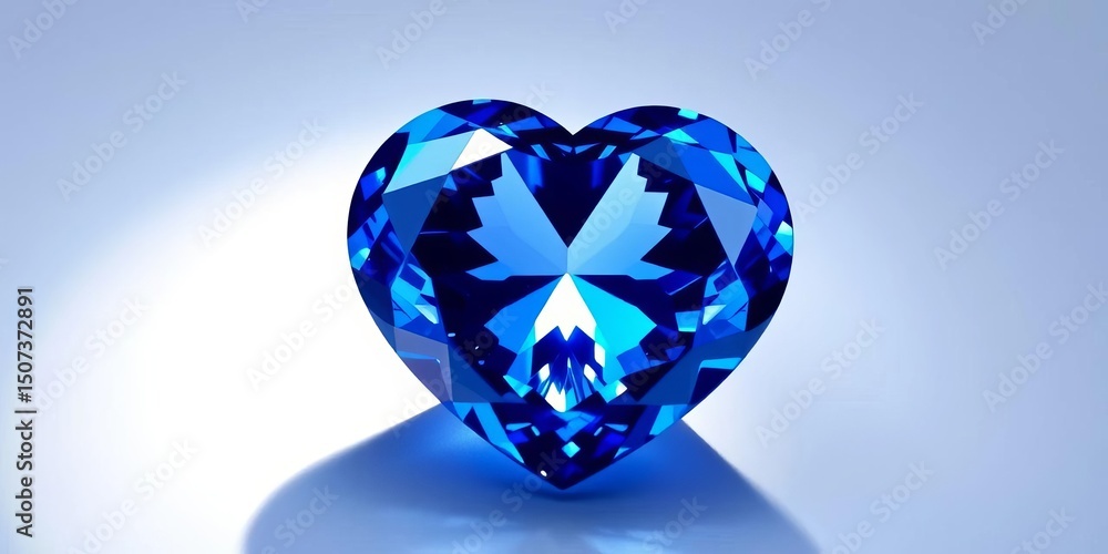 Fototapeta premium Heart-shaped sapphire, vibrant blue, brilliant facets, soft shadow, shadow, background