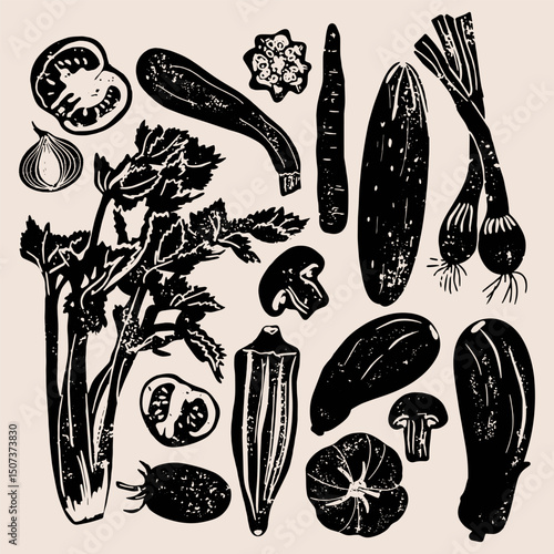 Different vegetables linocut vector illustration with grunge texture. Monochrome linear woodcut illustration. Harvest, autumn isolated graphic elements. Vector set