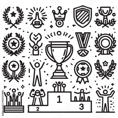 Victory, achievement line icon set. Vector pictograms of trophy, first place medal, celebration, laurel wreath, crown, and winner podium thin linear illustration