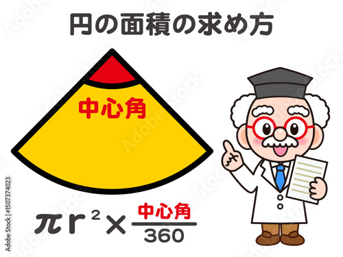 扇形の面積の求め方と博士の図解イラスト素材