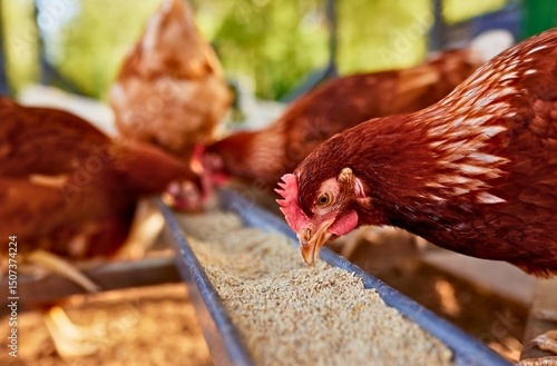 Photos Attentive Fowls Pecking Grain from Feeder in Early Morning Light