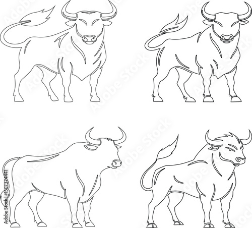 Outline vector bulls in various standing and charging postures
