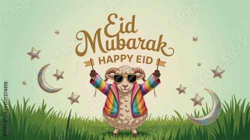 A cheerful sheep wishes "Eid Mubarak" with festive joy