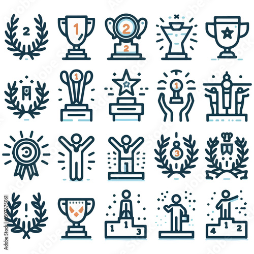 Victory, achievement line icon set. Vector pictograms of trophy, first place medal, celebration, laurel wreath, crown, and winner podium thin linear illustration