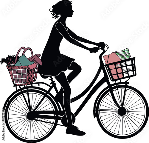 Woman Cycling with Shopping Bags in Baskets