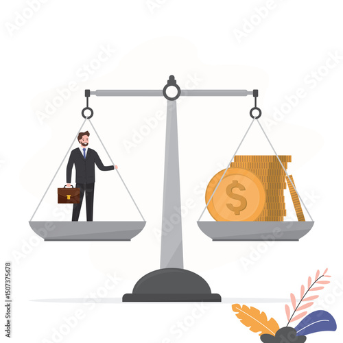 Growth, income, savings, investment. Equality of time and money. Wealth symbol. Business success. Confident businessman standing on scale in balance with money.