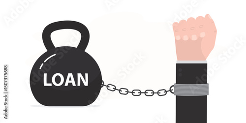 Business debt problem. Hand chained to giant weight. Need to pay off debts, loans. Solution to solve financial problem. Financial crisis or debt. Bankruptcy,