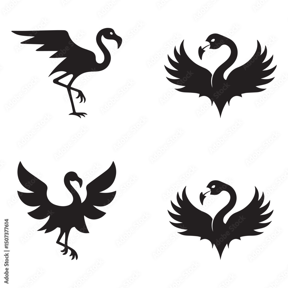 Obraz premium Elegant Flamingo Bird Silhouettes Collection – Minimalist Winged Flamingo Emblems and Icons for Branding and Design