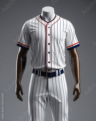 Photorealistic 3D mockup of professional baseball outfit. White jersey with red pinstripes, blue accents, matching pants. Displayed on mannequin with soft neutral studio setup.