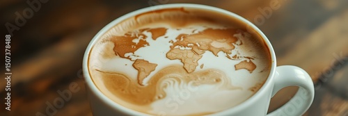 World Coffee in a Cup: A close-up shot of a cup of coffee featuring the map of the world drawn with milk foam, set on a wooden table, reflecting on global unity and coffee culture. 