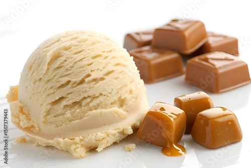 Creamy Caramel Ice Cream Scoop with Soft Candy on White Background