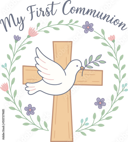 Illustration for a first communion with a white dove holding an olive branch in front of a wooden cross, surrounded by pastel floral wreath and the text "My First Communion"