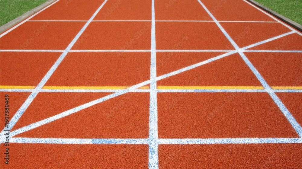 Fototapeta premium Close-up of a vibrant orange running track with white lane markings and geometric lines