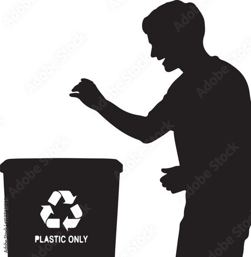 Silhouette of a person disposing of plastic waste into a recycling bin with a recycling symbol illustrating environmental awareness