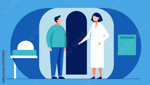 Patient Entering Chamber An illustration of a patient wearing a hospital gown entering the hyperbaric chamber greeted by a healthcare professional.