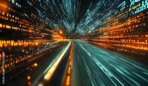 Highway flyover with binary code numbers on motion blurred asphalt road , speed and faster digital matrix technology information concept