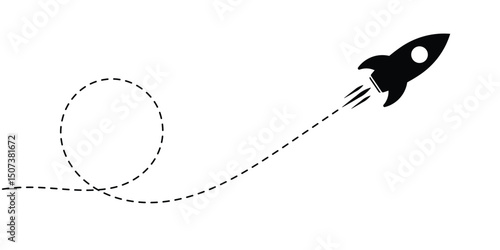 Rocket with curved dashed line vector illustration. Startup, launch, or progress symbol for business, marketing, or creative projects. Black silhouette isolated on white background.