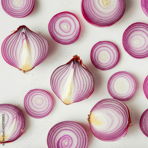 Red Onions Sliced and Arranged on a White Background