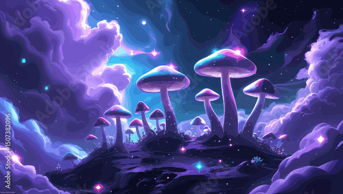 Magical surreal illustration of glowing mushrooms in a starry night sky with vibrant colors