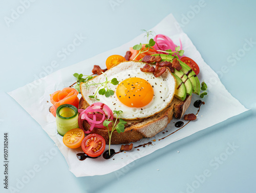 Delicious Fried Egg on Toast with Vegetables and Salmon